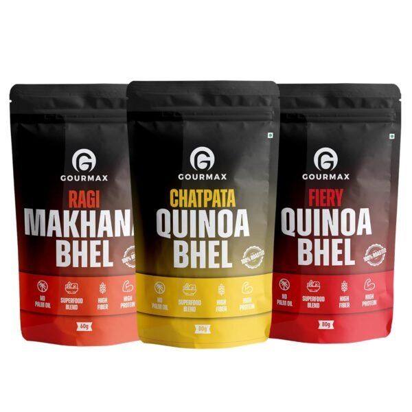 GOURMAX Fiery Quinoa Bhel | Chatpata Quinoa Bhel | Ragi Makhana Bhel | High Protein & Fibre Indian Snacks | Healthy Crunchy Namkeen Mix | 60g-80g Each | Pack of 3