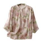 Gufrina Women’s Light Rose Floral Printed Button Down Shirt with Mandarin Collar and Relaxed Fit 3/4 Sleeves
