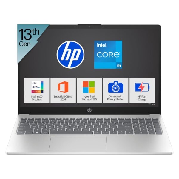 HP 15, 13th Gen Intel Core i5-1334U Laptop (12GB DDR4,512GB SSD) Anti-Glare,Micro-Edge,15.6''/39.6cm, FHD, Win11,M365,Office24, Silver,1.59kg, Iris Xe Graphics, FHD Camera w/Privacy Shutter, fd0575TU