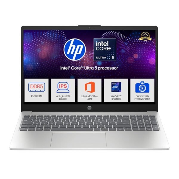 HP 15, Intel Core Ultra 5 125H, 12 Tops (16GB DDR5, 512GB SSD) FHD, IPS, 15.6''/39.6cm, Win11, M365 Basic* Office24, Silver, 1.65kg, fd1254TU, Intel Graphics, FHD Camera w/Shutter, AI Powered Laptop