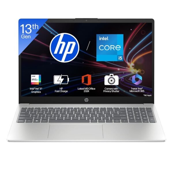 HP Laptop 15, Intel Core i5-1335U-13th Gen, (16GB DDR4,512GB SSD) Anti-Glare, Micro-Edge, FHD, 15.6''/39.6cm, Win11, M365 Basic(1yr)* Office24, Silver, 1.59kg, Iris Xe, FHD Camera w/Shutter