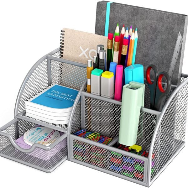 Handcuffs Desk Organizer Metal Mesh Pen and Pencil Storage Box with 6 Compartments | Stationary | Supplies | Holder | Study | Table Organiser | Office | Accessories (Grey)