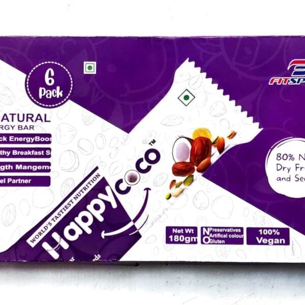 Happy Coco Vegan Energy Bar - Healthy Vegan Snack Bar for weight loss - Gluten Free Snacks contain Coconut, Dry Fruits, Nuts and Seeds - 300gm(30gm x 6 Bars, Pack of 6)