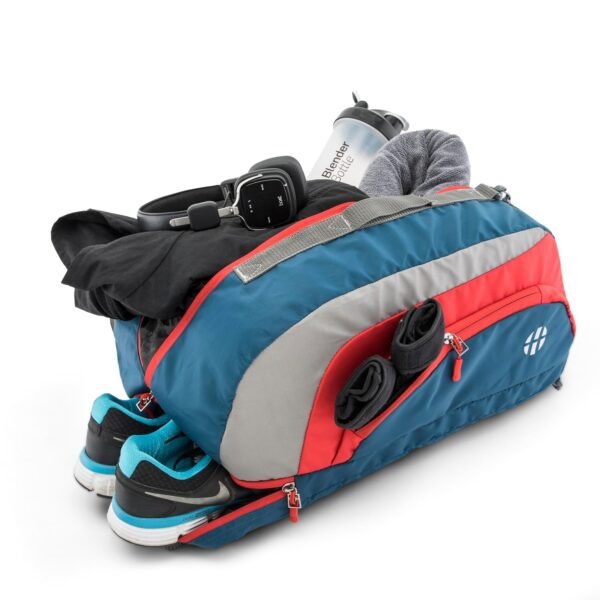 Harissons Jake 31L Water Resistant Duffel Gym Bag for Men & Women | Convertible Travel & Sports Backpack with Shoe Compartment & Easy Front Pocket Access (Navy & Red)