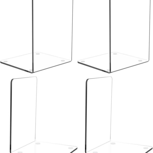 Hetarmi 2 Pair(4pcs) Plastic Acrylic Bookends Pair Organizer Bookshelf Decor Decorative Bedroom Library Office School Supplies Stationery Gift (3.5x4.7x6.7 Inch)