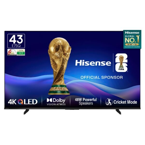Hisense 108 cm (43 Inches) 4K Ultra HD Smart QLED TV | 48W Powerful Speakers | Dolby Atmos & HDR10+ | ALLM, VRR & Game Mode | Cricket Mode | AI 4K Upscaler | VIDAA OS | 43E75Q (Black)