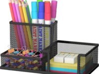 Homaxa Pen Holder Desk Organizer – 3 Compartment Pencil Cup for Office Supplies, Workspace Accessories & School Desk Storage, Black Metal Mesh Desk Organizer