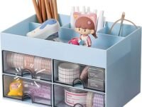 House of Quirk Desk Organiser with Drawer, Multifunctional Desk Organizer, Office Organizer, 4 Plastic Compartments with Drawer, Storage Shelf for Office, School (Blue) Stationery