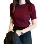Istyle Can Women Ribbed Slim Fit Top | Stretch Cotton Knit Crew Neck T-Shirt | Solid Casual Short Sleeve Tee for Office, Layering