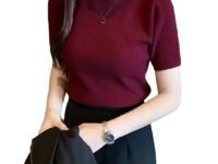 Istyle Can Women Ribbed Slim Fit Top | Stretch Cotton Knit Crew Neck T-Shirt | Solid Casual Short Sleeve Tee for Office, Layering