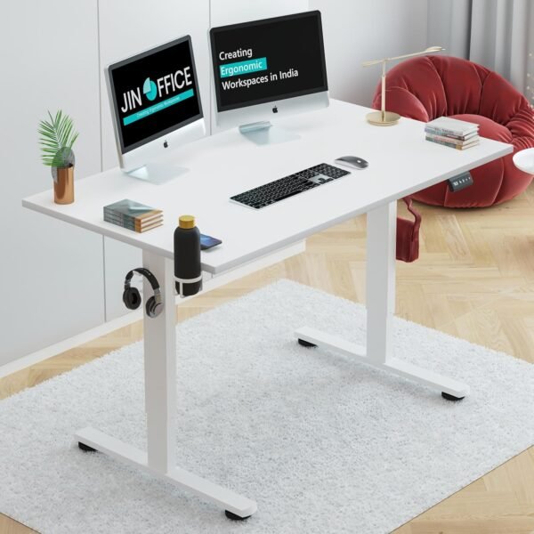 JIN OFFICE Octave Height Adjustable Desk Electric | 80 Kg Wt. Cap, 2 Year Warranty| Standing Desk with Memory Preset, Cup Holder| Stability Crossbar (White Frame | White Top, 1200 x 750 mm)