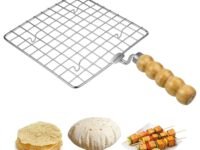 KSJONE Stainless Steel Multi-Functional Wire Steaming Cooling and Baking Barbecue Rack Square Wire Roaster Rack/Papad Jali/Roti Grill Round Shape with Wooden Handle