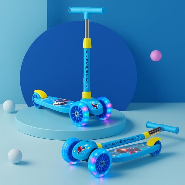 Kidsmate Rider Pro Kick Scooter with Broad PU LED Wheels | 3-Wheel Skating Scooter for Boys & Girls of Ages 2-12 Years | Level Adjustable Height, and Easy Fold Design (Blue)