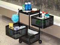 Kitchenwell Metal Multi-Purpose Trolley Storage Organizer and Kitchen Accessories Items for Kitchen Storage Rack Square Design Fruits & Vegetable Onion Cutlery (Matt Black, 3 Layer Drawer)