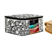 Kuber Industries Flower Print Foldable Woven Underbed Storage Bag|Large Storage Organiser|Blanket Cover with Transparent Window|Size 65 x 45 x 31 CM (Black)-KUBMART16598(Fabric)