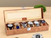 LEDO Luxury Watch Box Organizer, 6 Slot Display Case with Transparent Transparent Top, Cream PU Leather Exterior, Soft Cushioned Interior, Perfect for Storage and Gifting