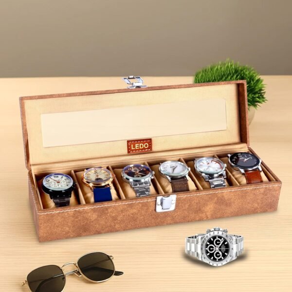LEDO Luxury Watch Box Organizer, 6 Slot Display Case with Transparent Transparent Top, Cream PU Leather Exterior, Soft Cushioned Interior, Perfect for Storage and Gifting