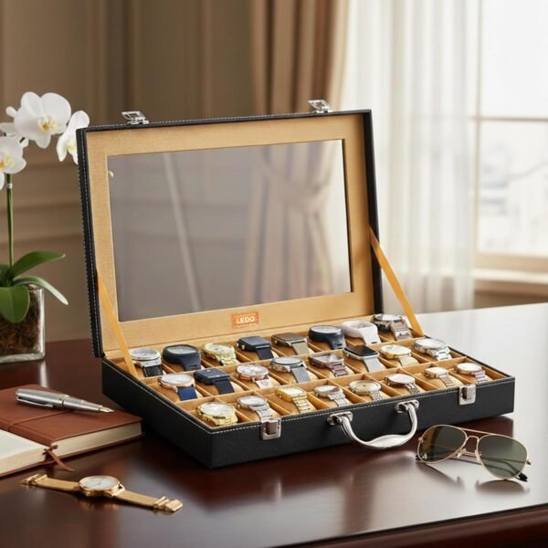 LEDO Men's and Women's Watch Box Holder Organizer Case In 24 Slots of Watches In PU Leather with Black & Cream