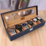 LEDO Watch Box Organizer Case with 6 Slots, Transparent Display, PU Leather Exterior, Blue & Cream Velvet Interior, Metal Clasp Lock, Rectangular Storage Case for Men
