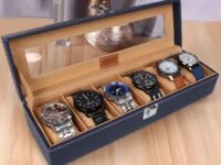 LEDO Watch Box Organizer Case with 6 Slots, Transparent Display, PU Leather Exterior, Blue & Cream Velvet Interior, Metal Clasp Lock, Rectangular Storage Case for Men