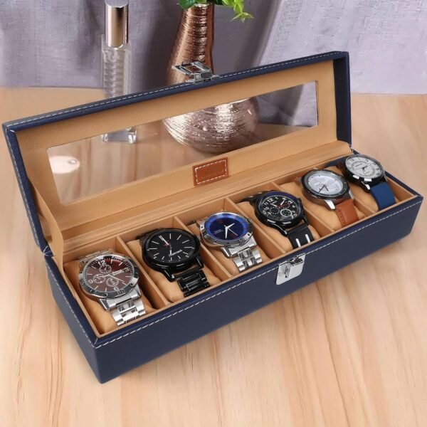 LEDO Watch Box Organizer Case with 6 Slots, Transparent Display, PU Leather Exterior, Blue & Cream Velvet Interior, Metal Clasp Lock, Rectangular Storage Case for Men