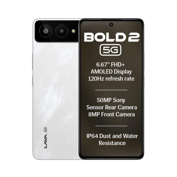 Lava Bold 2 5G (Feather White, 6 GB RAM, 128 GB Storage) | 6.67" FHD+ AMOLED Display | MTK D7060 Processor | 50 MP Front Camera | LPDDR5 UFS 3.1 ROM | 5000 mAh | 33W Fast Charging