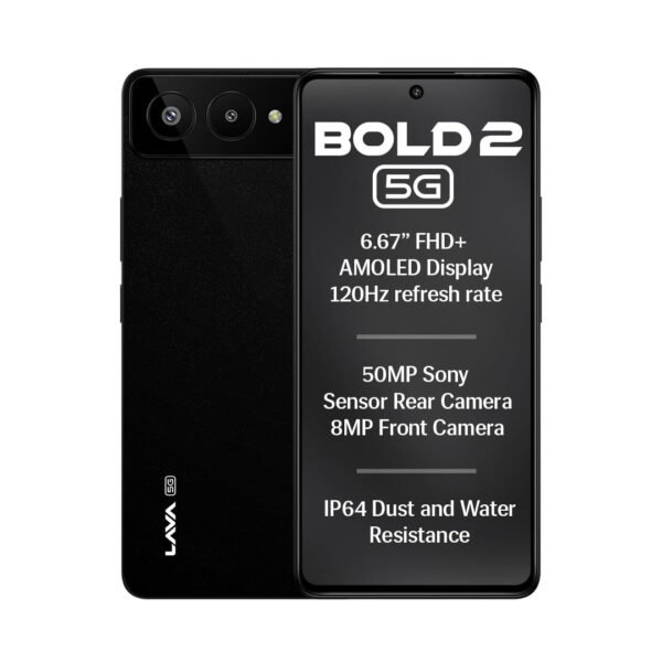 Lava Bold 2 5G (Midnight Black, 6 GB RAM, 128 GB Storage) | 6.67" FHD+ AMOLED Display | MTK D7060 Processor | 50 MP Front Camera | LPDDR5 UFS 3.1 ROM | 5000 mAh | 33W Fast Charging