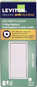 Leviton Antimicrobial 15 Amp 120/277V Decora Rocker 3-Way AC Quiet Switch, 5603-2AW, White