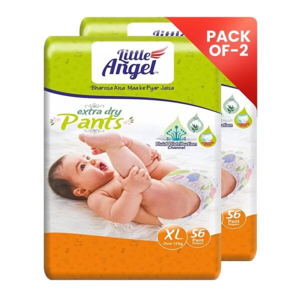 Little Angel Extra Dry Baby Pants Diaper, Extra Large (XL) Size, 112 Count, Super Absorbent Core Up to 12 Hrs Protection & Wetness Indicator, Over 12kg (56 count/pack, Pack of 2)