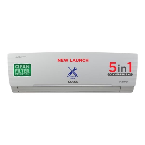 Lloyd 1 Ton 5 Star Inverter Split AC (5 in 1 Convertible, Cools Up To 52°C, Smart 4 Way Air Swing, Turbo Cool, Installation Check, 100% Copper, White, GLS12I5FWBEV)