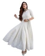 LookMark Women's Chikankari Embroidered Ethnic Gown, Ankle Length Flared Dress, 3/4 Sleeves, Traditional Indian Wear