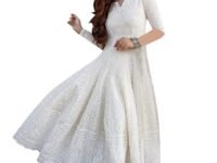 LookMark Women's Chikankari Embroidered Ethnic Gown, Ankle Length Flared Dress, 3/4 Sleeves, Traditional Indian Wear