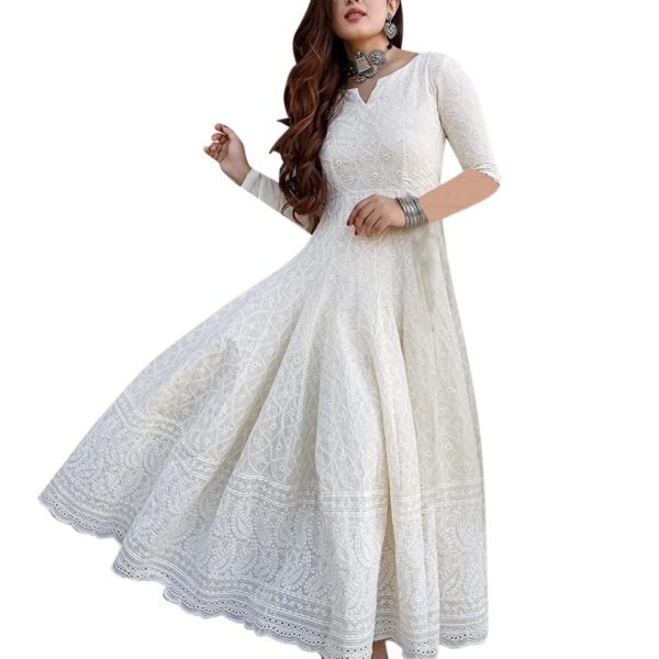 LookMark Women's Chikankari Embroidered Ethnic Gown, Ankle Length Flared Dress, 3/4 Sleeves, Traditional Indian Wear
