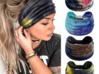 MAYCREATE® 4 Pack Wide Headband for Women, Stretchy Knotted Head Bands for Women, Polyester Tie-dye Print Hairband for Women Ladies, Stylish Hair Bands Yoga Sweatband Sports Head Wraps