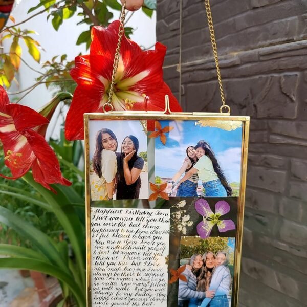 Mahogany Life Vintage Glass Hanging Rectangular Photo Frame For Wall Decor (5X7 Inch) | Transparent Glass And Brass Metal Hanging Pressed Flower Photo Frame For Wall