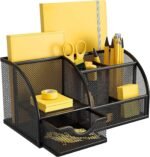 Metal Mesh Desk Organizer with Drawer and Multiple Compartments for Office Table Stationery Storage