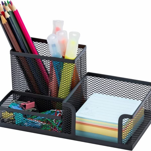 Metal Mesh Desktop Organizer Pen and Pencil Stationery Storage Holder for Home and Office Supplies (3 Compartment) (Black)