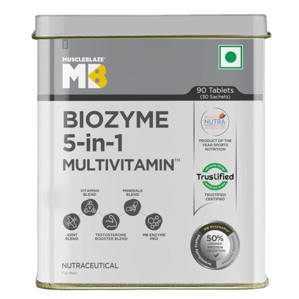MuscleBlaze Biozyme Daily Multivitamin (90 Tablets) | 5-in-1 Supplement with Vitamins, Minerals, Joint, T-Booster Blend