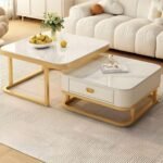 NEST NATURE HAVEN Nesting Stacking Tea Tables with Marble Finish, Square Coffee Table Set of Two Elegant Living Room Sofa Center Table with Gold Metal Frame and Storage Drawer (White Gold)