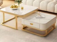 NEST NATURE HAVEN Nesting Stacking Tea Tables with Marble Finish, Square Coffee Table Set of Two Elegant Living Room Sofa Center Table with Gold Metal Frame and Storage Drawer (White Gold)