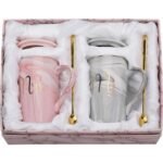 NYRWANA Coffee Mug, Wedding Present for Couples, Marriage Presents for Wedding, Couple Present, Mr & Mrs Set of 2 Coffee Mugs, Lids, Golden Spoon & Beautiful Gift Box (380ml-Ceramic)