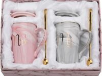 NYRWANA Coffee Mug, Wedding Present for Couples, Marriage Presents for Wedding, Couple Present, Mr & Mrs Set of 2 Coffee Mugs, Lids, Golden Spoon & Beautiful Gift Box (380ml-Ceramic)