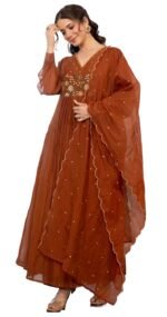 Nermosa Women Embroidery Solid Anarkali Kurta and Pant Set with Dupatta