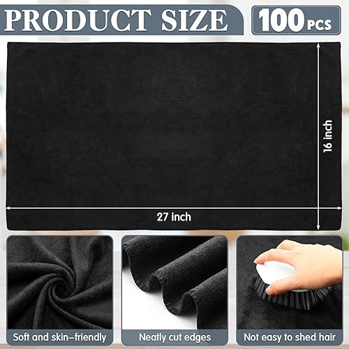 Newwiee 100 Pieces Large Black Microfiber Salon Towels Bulk 16 x 27 Inch Absorbent Hair Drying Towels Bleach Proof Hand Towels Salon Towels Set for Gym Bath Spa Shaving Shampoo Home