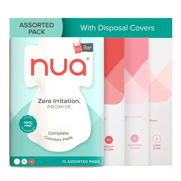 Nua Ultra-Safe 12 Sanitary Pads For Women | 3 sizes in 1: 3 Heavy Flow-XL+, 5 Medium-XL & 4 Light-L | Safe on Skin | Toxic-Free & Rash-Free | Unscented | Leakproof | With 12 Secure Shield Covers