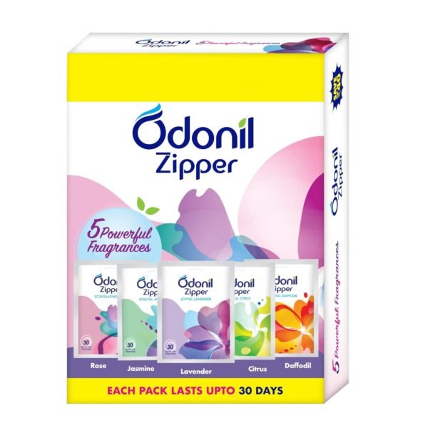 Odonil Bathroom Air Freshener Zipper Mix - 50g (10gx5) | Assorted Pack | Instant & Long Lasting Fragrance | Lasts upto 30 days | Germ Protection | Air Freshener for Bathroom, Toilet, Home & Office