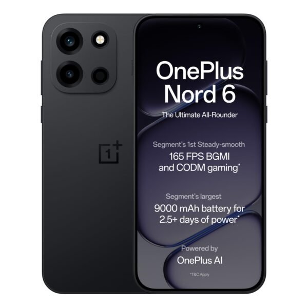 OnePlus Nord 6 | 8GB+256GB | Pitch Black | Snapdragon 8s Gen 4 | Segment's First Stable 165FPS Gaming | Segment's Largest 9000mAh Battery | Most Complete IP Rating | Personalized AI