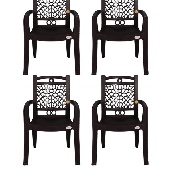 PETALS Plastic Chairs Set of 4 | Stackable Fiber Arm Chair For Drawing/Living Room | Armchairs For Home/Office/Garden/Indoor & Outdoor | Cap Upto 150 Kgs | Choco Brown, 4 Pcs, Swiss | 3 Years Warranty