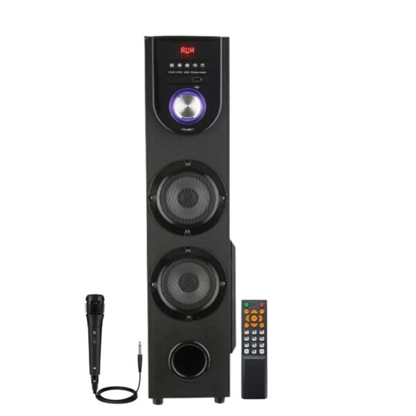 PS-5144 Home Theater Speaker System with Bluetooth 5.0, 80W Power Output, Dual 4 Inch Speakers, 5.25 Inch Woofer, USB Playback, FM Radio, Wired Microphone, Remote Control, Digital Display.