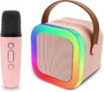 Pink Portable Bluetooth Speaker with Wireless Mic, RGB LED Party Light, Heavy Bass Karaoke Speaker, Rechargeable Battery, Portable Handle, Wireless Mic for Kids & Adults, Home & Outdoor Party